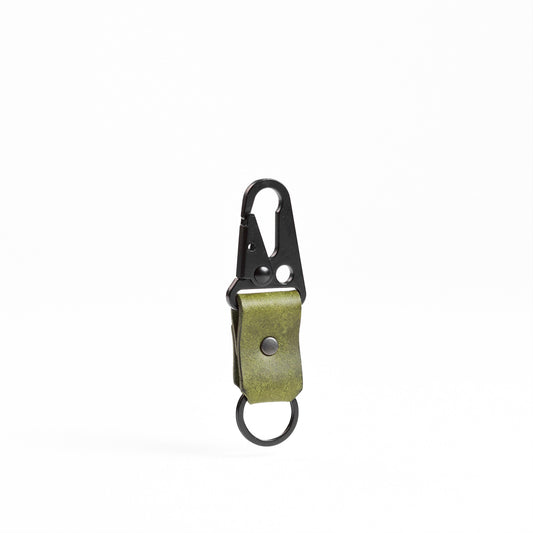 carabiner hook with black hardware and green leather body