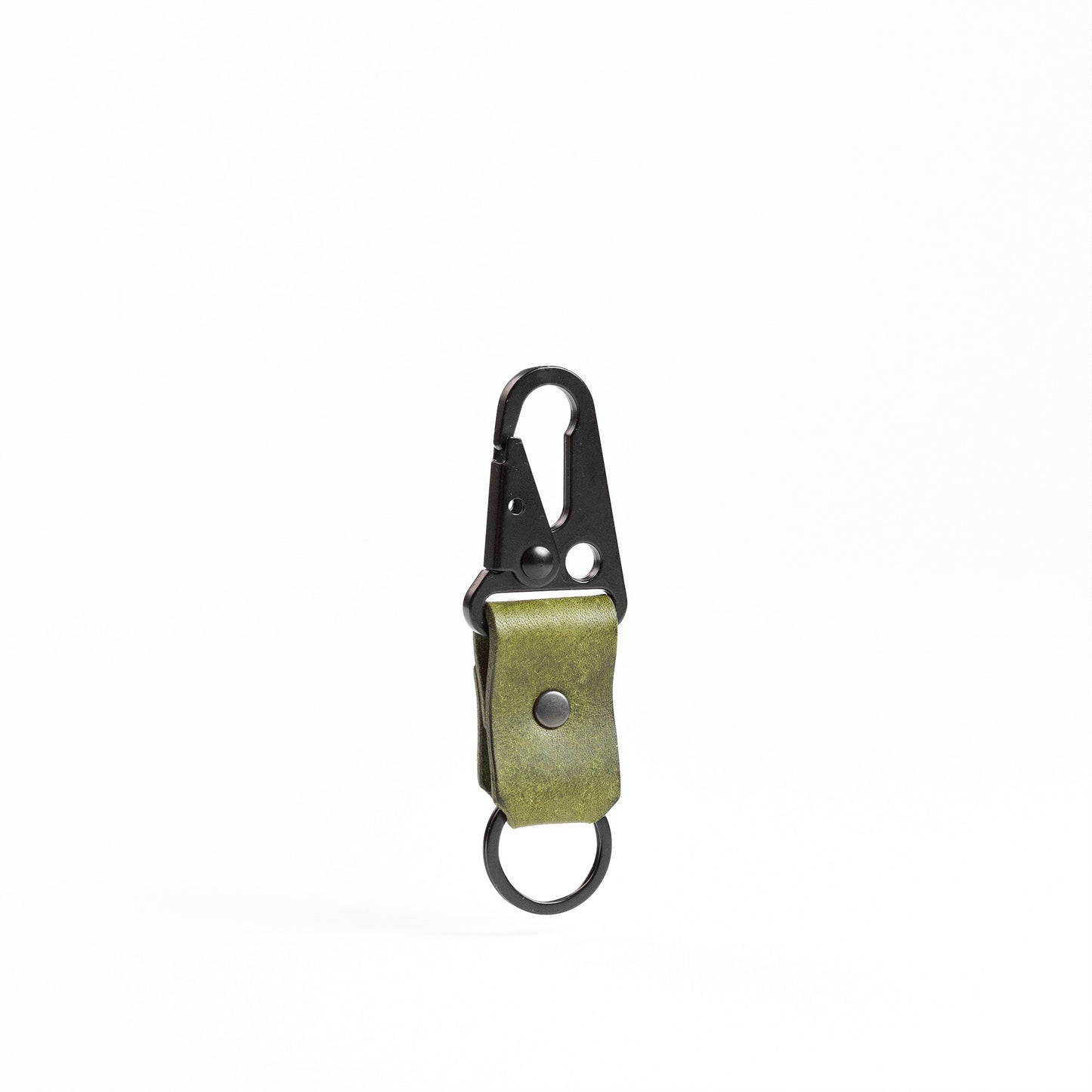 carabiner hook with black hardware and green leather body