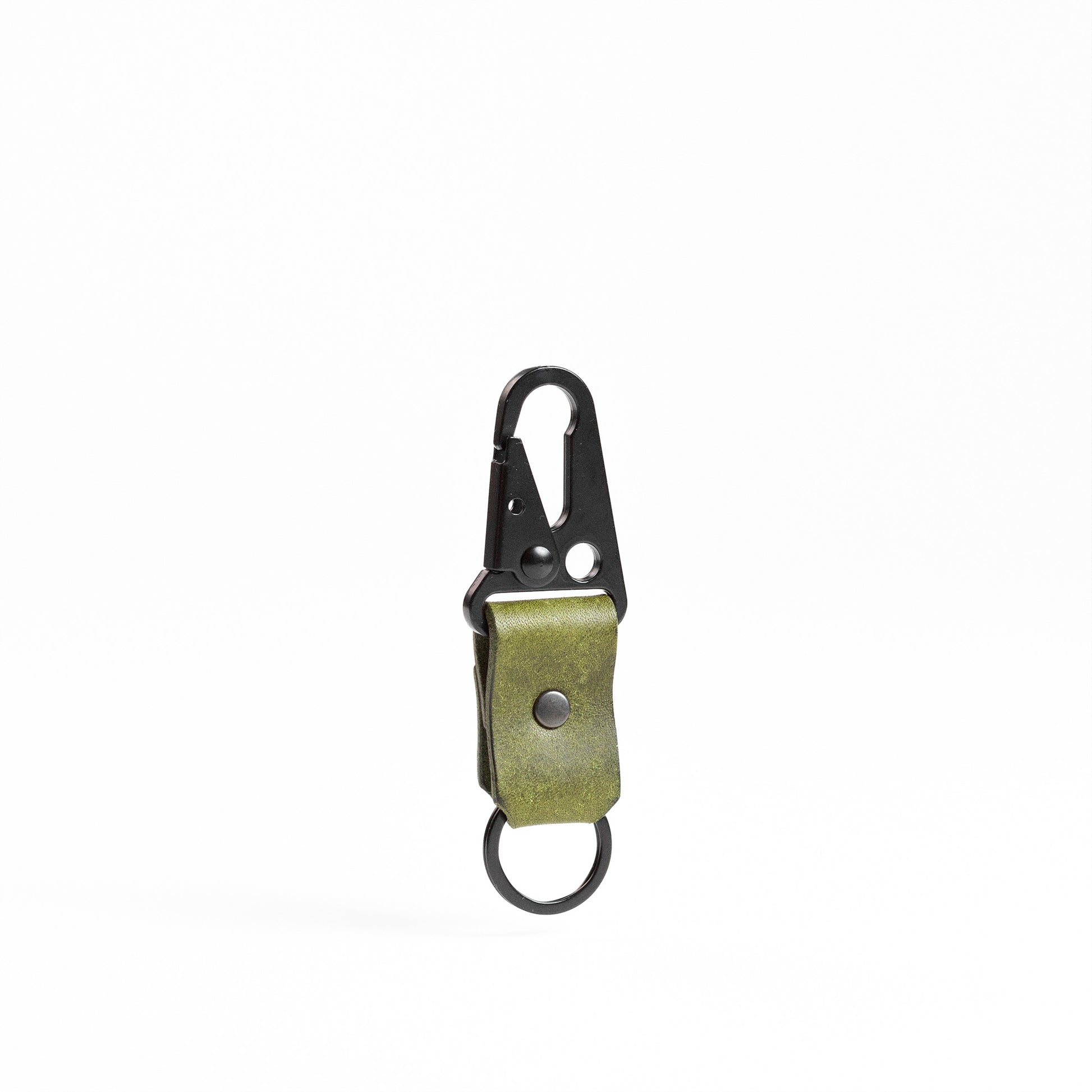 carabiner hook with black hardware and green leather body