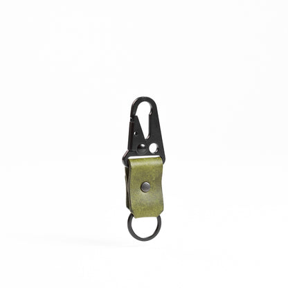 carabiner hook with black hardware and green leather body