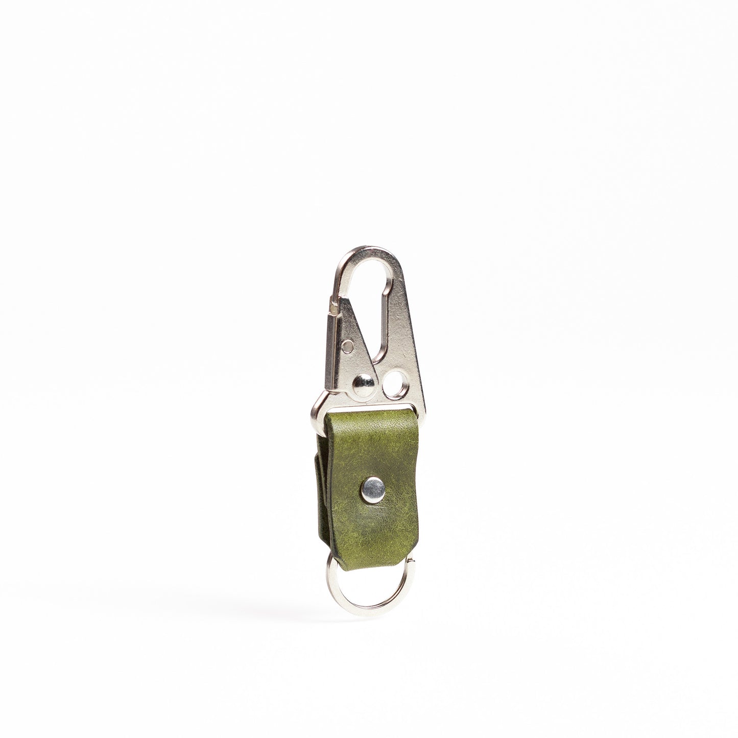 carabiner hook with chrome hardware and green leather body