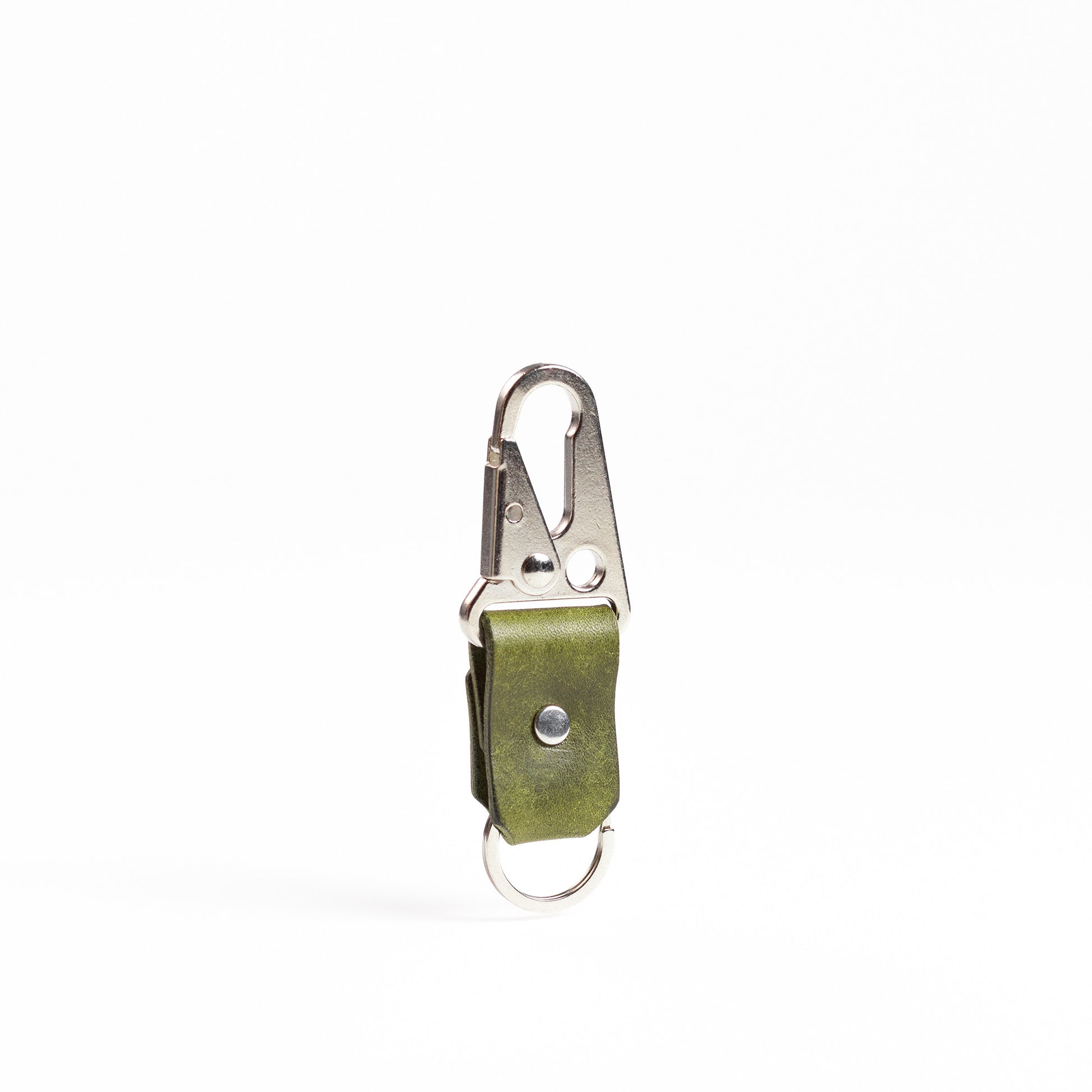 carabiner hook with chrome hardware and green leather body
